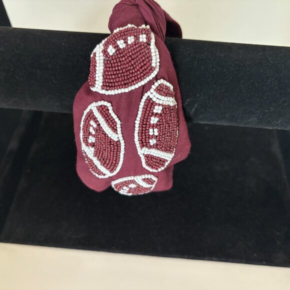 Beaded Football Headband | Game Day Maroon & White Accessory - Picture 2 of 3